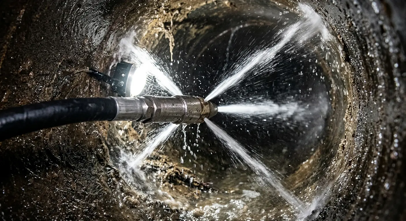 High-pressure hydro jetting nozzle cleaning sewer pipe for Sewer Cleanout in Franklin Farm