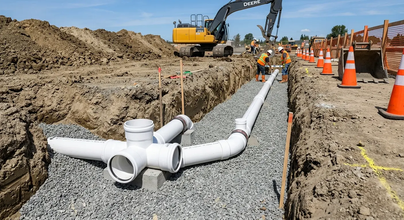 New PVC sewer pipe installation in open trench for Sewer Backup in Franklin Farm