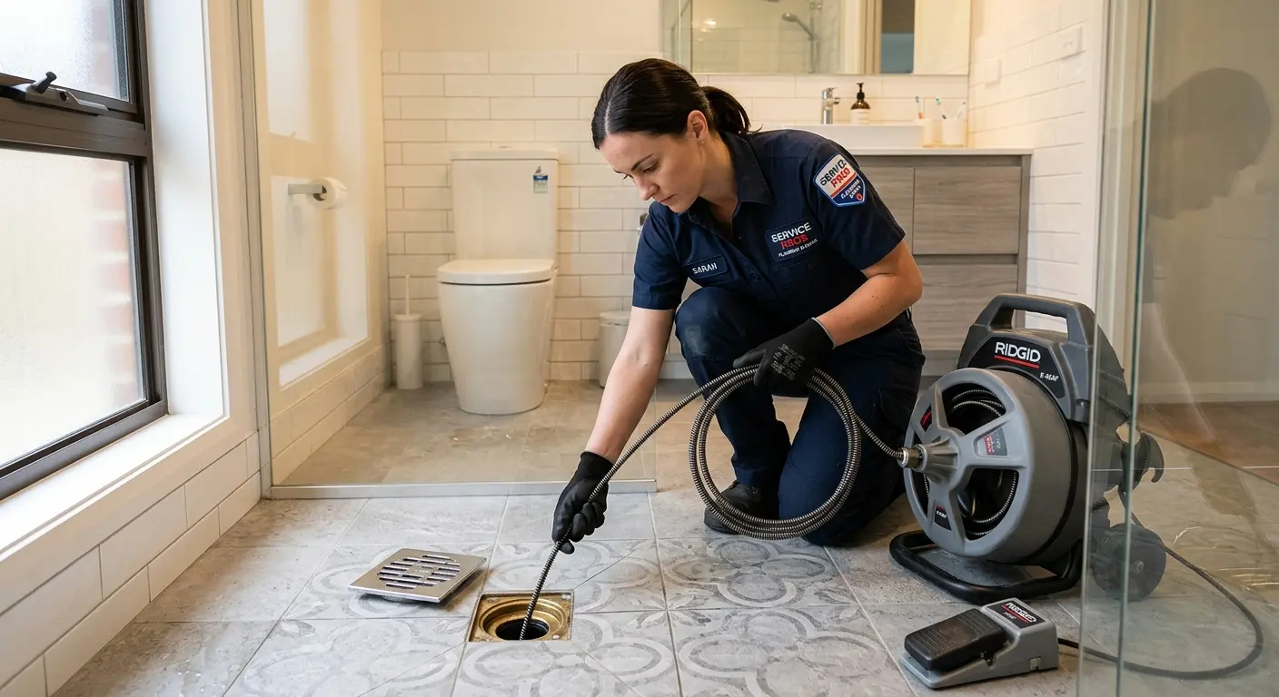 Technician clearing a bathroom floor drain for Drain Cleaning in Franklin Farm